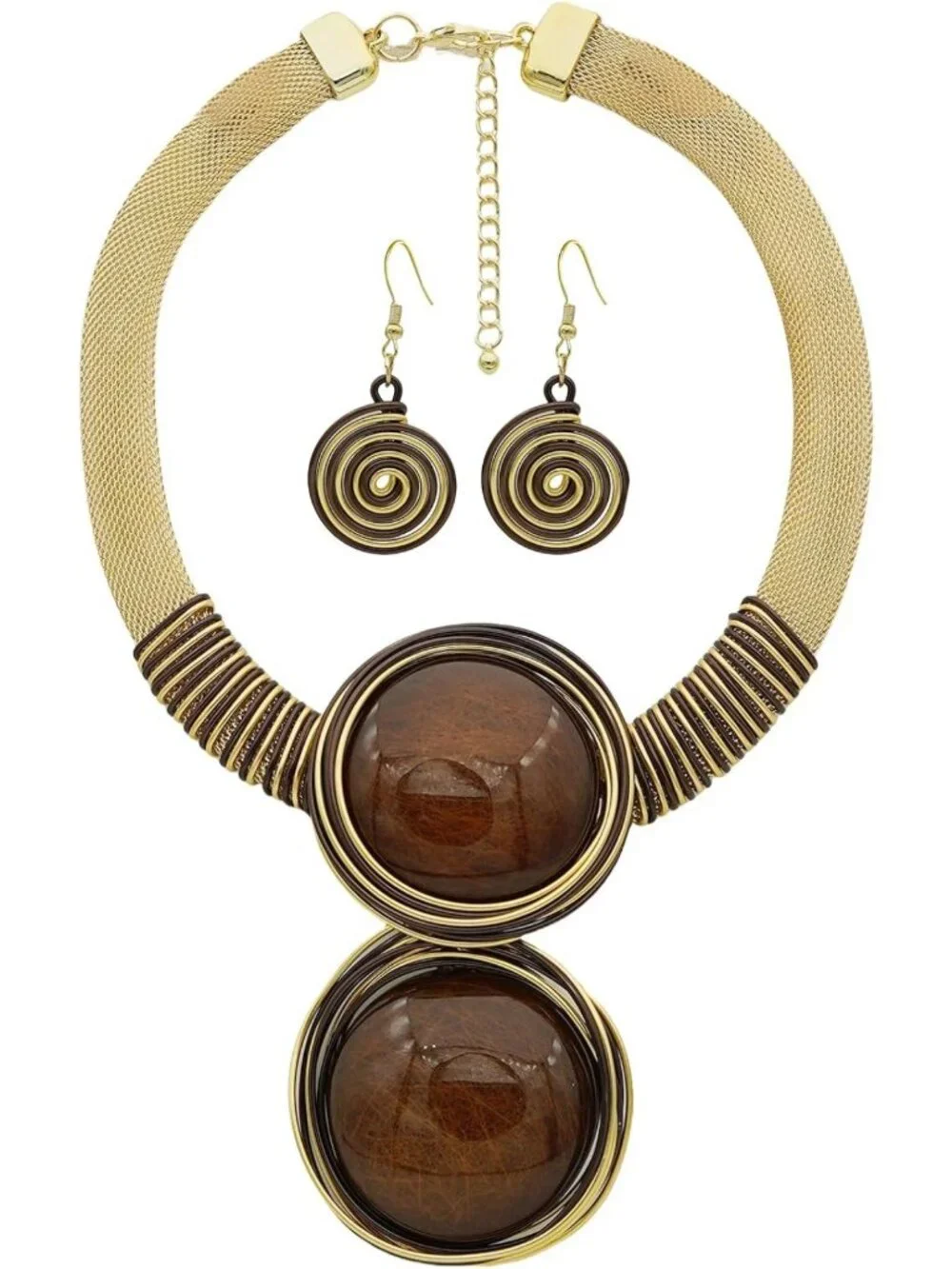 Chunky Gold Mesh Bib Necklace Set with Round Pendant & Spiral Earrings - Artisan